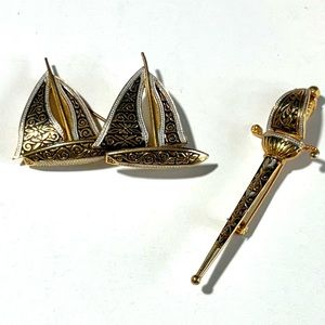 Vintage Pair Damascene Spanish Sail Boat Ship Sword Pin Brooch Spain